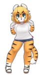  1girl animal_ears blonde_hair blue_eyes blush denim denim_shorts eyebrows_visible_through_hair full_body furry highres jupiter_europe looking_at_viewer orange_skin original parted_lips shirt short_hair short_sleeves shorts smile solo tail thick_thighs thighs tiger_ears tiger_girl tiger_tail white_shirt white_skin 