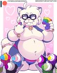  ahoge bell belly blue_body blue_fur bulge clothing collar crispy_(nekocrispy) cupcake domestic_cat eating eyes_closed eyewear felid feline felis food fur glasses hair jingle_bell lgbt_pride male mammal moobs multicolored_body multicolored_fur navel nekocrispy overweight overweight_male pink_background rainbow_colors simple_background smile solo standing text thong tongue tongue_out two_tone_body two_tone_fur underwear url white_body white_fur white_hair wide_hips 