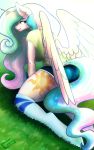  10:16 anthro anthrofied bottomwear breasts clothing equid female friendship_is_magic grass hasbro horn looking_back mammal my_little_pony outside princess_celestia_(mlp) shorts smile snickerlewdles solo winged_unicorn wings 