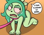  5:4 all_fours anthro blush cartoon_network collar digital_media_(artwork) female fink_(ok_k.o.!_lbh) fur green_body green_fur green_hair hair leash long_hair mammal murid murine nude ok_k.o.!_let&#039;s_be_heroes pink_sclera pokefound rat rodent simple_background solo young 