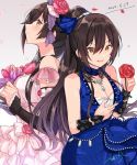  1girl :d bangs bare_shoulders black_hair blue_dress blush breasts choker cleavage commentary_request dress earrings falling_petals flower frills hair_between_eyes hair_flower hair_ornament hanetsuka high_ponytail holding holding_flower idolmaster idolmaster_shiny_colors jewelry large_breasts long_hair necklace open_mouth pink_dress ponytail rose shirase_sakuya sleeveless sleeveless_dress smile yellow_eyes 