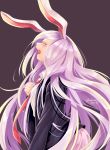  1girl animal_ears artist_name blazer blouse bunny_ears chikuwa_savi collared_blouse crying hand_on_own_chest highres jacket lavender_hair long_hair long_sleeves necktie open_mouth pink_skirt pleated_skirt purple_hair red_neckwear reisen_udongein_inaba simple_background skirt solo tears touhou very_long_hair white_blouse 