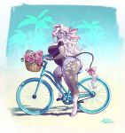  absurd_res anthro bicycle big_breasts big_butt bottomwear bovid bovine bow breasts butt clothing cutoffs daisy_dukes denim denim_clothing eyes_closed female flower hi_res holivi hooves hotpants mammal outside patterned_fur plant ribbons shorts solo tail_bow tail_ribbon tail_tuft thick_thighs tuft 
