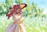  anthro blowing bovid bovine bow clothed clothing collar cowbell dandelion facial_piercing female flower fully_clothed hi_res holivi horn mammal nose_piercing nose_ring outside piercing plant solo sunhat 