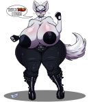  alpha_channel angry anthro areola big_breasts big_nipples biker black_nipples black_nose black_sclera blue_eyes blush bone boots bottomwear breasts canid canine canis cleavage clothed clothing curvy_figure digital_media_(artwork) english_text erect_nipples female fingerless_gloves fingers footwear fur gloves handwear hi_res huge_breasts hyper hyper_breasts leather leather_pants legwear looking_at_viewer luna_santiago_(lildredre) mammal nipples oblivionrising open_mouth simple_background skull snarling solo speech_bubble standing teeth text thick_thighs topless voluptuous white_body white_fur wide_hips wolf 