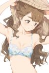  1girl aqua_bra armpits arms_up bangs bare_shoulders bra breasts brown_eyes brown_hair brown_shirt collarbone commentary_request eyebrows_visible_through_hair floral_print head_tilt highres hiroki_(yyqw7151) idolmaster idolmaster_million_live! lace lace-trimmed_bra light_blush long_hair looking_away looking_down miyao_miya parted_lips plaid plaid_shirt print_bra shirt simple_background small_breasts solo thick_eyebrows underwear undressing upper_body wavy_hair white_background 
