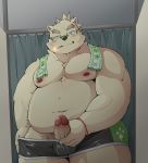  2020 anthro belly blush bulge clothing eyewear fur genitals glasses hi_res humanoid_genitalia humanoid_hands humanoid_penis kemono leib_(tas) male mammal moobs navel nipples overweight overweight_male penis polar_bear pomupomu490 smoking solo tokyo_afterschool_summoners towel underwear ursid ursine video_games white_body white_fur 