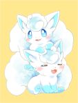  2020 3:4 alolan_vulpix ambiguous_gender blue_body blue_eyes blue_fur blue_paws blush canid canine duo feral fur hand_on_head mammal maple926 nintendo open_mouth open_smile paws pok&eacute;mon pok&eacute;mon_(species) quadruped regional_form_(pok&eacute;mon) simple_background sitting smile video_games white_body white_fur yellow_background 