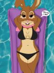  anthro bedroom_eyes belly bikini breasts cadbury cadbury_bunny clothing dialogue female hi_res lagomorph leporid long_ears looking_at_viewer lying mammal mascot narrowed_eyes navel pool_(disambiguation) pool_toy rabbit raft relaxing seductive skateryena solo swimwear water 