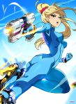  1girl artist_name ass bangs blonde_hair blue_bodysuit blue_eyes blush bodysuit breasts fighting_stance gloves gun high_ponytail highres lips long_hair looking_at_viewer medium_breasts mole mole_under_mouth open_mouth ponytail samus_aran simple_background skin_tight smile solo super_smash_bros. tom_skender weapon zero_suit 