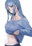  1girl alternate_costume breasts casual clothes_lift collarbone denim grey_sweater kantai_collection long_hair long_sleeves looking_at_viewer medium_breasts navel shinkaisei-kan sidelocks silver_hair simple_background solo sweater sweater_lift ta-class_battleship upper_body walzrj white_background yellow_eyes 
