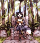  2019 accessory anthro armor blue_body blue_fur bracelet breasts canid canine chair clothing edit female fox fur furniture gauntlets gloves green_eyes handwear headband hi_res jewelry jungle krystal loincloth looking_at_viewer luraiokun mammal multicolored_body multicolored_fur necklace nintendo outside palm_tree sitting smile solo star_fox throne tree video_games white_body white_fur 