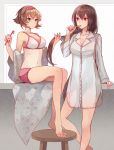  alternate_costume bangs barefoot black_hair bra breasts brown_hair brushing_teeth cleavage green_eyes hairband holding kantai_collection kasumi_(skchkko) large_breasts long_hair long_sleeves mutsu_(kantai_collection) nagato_(kantai_collection) open_mouth pajamas panties pink_panties red_eyes shirt short_hair simple_background sitting standing stool toothbrush underwear white_bra white_shirt 