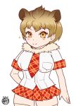  1girk alternate_hair_length alternate_hairstyle animal_ears blonde_hair blouse blush breasts ears fur_collar kemono_friends large_breasts lion_(kemono_friends) lion_ears necktie short_hair signature skindentation smile sparkle taikyokuturugi thighhighs 