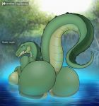  anthro bent_over big_breasts big_butt breasts butt crocodilian dialogue female genitals hi_res holding_breast hospitallerinaboat huge_breasts huge_butt looking_back nude partially_submerged pussy raised_tail rear_view reptile scalie solo water 