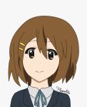  1girl artist_name brown_eyes brown_hair flat_color flypotato fuwafuwa_time highres hirasawa_yui k-on! looking_at_viewer sakuragaoka_high_school_uniform school school_uniform self_upload simple_background smile solo uniform upper_body 