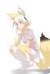  animal_ears arm_rest black_hair blonde_hair bow bowtie breast_pocket brown_eyes chin_rest closed_mouth elbow_gloves elbow_rest expressionless extra_ears eyebrows_visible_through_hair fennec_(kemono_friends) fox_ears fox_tail from_side full_body fur_trim gloves head_rest highres kemono_friends looking_afar miniskirt multicolored_hair pink_sweater pleated_skirt pocket shoes short_hair short_sleeve_sweater short_sleeves skirt squatting sweater tail tanabe_(fueisei) thighhighs white_hair white_skirt zettai_ryouiki 