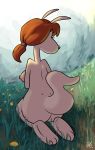  alicia_(rocko&#039;s_modern_life) anthro breasts brown_hair butt female full-length_portrait grass grey_body hair kangaroo kneeling looking_away macropod mammal marsupial nickelodeon nipples nude outside portrait rear_view rocko&#039;s_modern_life solo tvma 