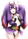  1girl armpits arms_up artist_request bangs bare_shoulders blush bob_cut breasts collarbone eyeliner fangs fate/grand_order fate_(series) headpiece highres horns japanese_clothes kimono long_sleeves looking_at_viewer makeup navel obi oni oni_horns open_mouth purple_eyes purple_hair purple_kimono revealing_clothes sash short_hair short_kimono shuten_douji_(fate/grand_order) simple_background skin-covered_horns small_breasts smile white_background wide_sleeves 