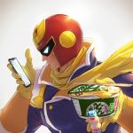  1boy captain_falcon cellphone chopsticks commentary_request f-zero food gloves grey_background helmet holding holding_food instant_ramen looking_at_object looking_at_phone looking_away male_focus phone scarf solo super_smash_bros. takami_masahiro upper_body yakult yellow_gloves yellow_scarf 