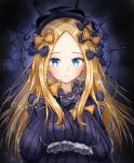  1girl abigail_williams_(fate/grand_order) admjgdme bangs black_bow black_headwear blonde_hair blue_eyes blush bow breasts fate/grand_order fate_(series) forehead highres long_hair long_sleeves looking_at_viewer multiple_bows orange_bow parted_bangs polka_dot polka_dot_bow sleeves_past_fingers sleeves_past_wrists 