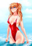  1girl beach blue_eyes breasts cloud cloudy_sky competition_swimsuit evil-dei highleg highleg_swimsuit highres looking_away medium_breasts neon_genesis_evangelion ocean one-piece_swimsuit red_hair red_swimsuit sky smile solo souryuu_asuka_langley split_ponytail swimsuit teenage thighs water watermark 