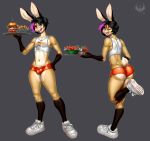  anthro balls_outline black_hair bottomwear buckteeth bulge butt clothed clothing eldiman femboy_hooters food footwear genital_outline girly hair hi_res highlights_(coloring) holding_tray lagomorph leporid male mammal navel one_eye_closed open_mouth orange_clothing rabbit skimpy solo teeth tight_clothing tongue topwear wink 