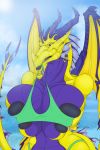  activision anthro big_breasts bikini blue_body breast_squish breasts cleavage clothed clothing crossgender dragon female hi_res hospitallerinaboat huge_breasts looking_at_viewer multicolored_body nipple_outline sharp_teeth solo spyro_the_dragon squish swimwear teeth two_tone_body video_games volteer wide_hips yellow_body 