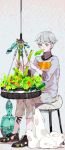  1boy animal bunny eating food full_body green_eyes grey_hair leg_tattoo lettuce nishihara_isao original salad sandals short_hair sitting solo tattoo tomato vegetable 