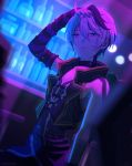 1girl androgynous arm_warmers bandaged_arm bandages bar bare_shoulders blurry blurry_background blurry_foreground bottle dutch_angle flower_(vocaloid) half-closed_eyes hand_on_own_head highres indoors jacket kilt looking_at_viewer multicolored_hair nokuhashi parted_lips purple_eyes purple_jacket purple_shirt shelf shirt short_hair sleeveless sleeveless_jacket sleeveless_shirt solo stool streaked_hair striped_arm_warmers upper_body v_flower_(vocaloid4) vocaloid white_hair 