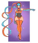  1girl absurdres aqua_gloves aqua_hair arm_at_side ass_visible_through_thighs bangs bare_shoulders blunt_bangs boots border breasts chest_jewel choker collarbone covered_navel crossed_ankles dated deoxys elbow_gloves expressionless facing_viewer full_body gen_3_pokemon gloves headphones high_heel_boots high_heels highres large_breasts leotard lips lipstick long_hair looking_at_viewer makeup multicolored multicolored_clothes multicolored_gloves multicolored_hair mythical_pokemon neon_trim orange_footwear orange_gloves orange_hair orange_headphones orange_headwear outline outside_border outstretched_arm personification pokemon pokemon_(game) pokemon_rse purple_background purple_eyes purple_lipstick ravenousruss ribbed_leotard shiny shiny_footwear shiny_hair sidelocks signature solo starry_background taut_clothes thigh_boots thighhighs twintails two-tone_gloves two-tone_hair very_long_hair white_border zipper zipper_pull_tab 