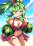  1girl ;d artist_name beach bikini blue_sky blush breasts choker circlet cleavage cloud collarbone commentary cowboy_shot english_commentary fire_emblem food front-tie_bikini front-tie_top fruit green_eyes green_hair hair_ornament high_ponytail holding holding_food holding_fruit large_breasts long_hair looking_at_viewer manakete midriff navel nintendo older one_eye_closed ootani_ikue open_mouth outdoors phiphi-au-thon pointy_ears ponytail project_x_zone red_bikini shiny shiny_hair sidelocks sky smile solo swimsuit tiara tiki_(fire_emblem) twitter_username two-tone_bikini watermelon 
