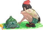  1girl bag bangs beanie berry_(pokemon) black_hair bracelet bulbasaur closed_eyes closed_mouth commentary_request floral_print gen_1_pokemon grass green_shorts hat highres jewelry manokena medium_hair mizuki_(pokemon) pokemon pokemon_(creature) pokemon_(game) pokemon_sm poking red_headwear shirt shoes short_sleeves shorts smile squatting z-ring 