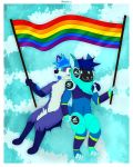  4:5 anthro blue_tongue canid canine duo fox fur green_eyes hi_res holding_flag itsflamb_(artist) itsflamb_(character) lgbt_pride machine male male/male mammal pride_colors protogen purple_body purple_fur rainbow_flag rainbow_pride_flag rainbow_symbol tongue zeitheron 