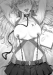  absurdres anchor_symbol breasts breasts_apart breasts_outside chain dawalixi highres large_breasts long_hair missouri_(warship_girls_r) monochrome nipple_piercing open_mouth piercing skirt tongue tongue_out warship_girls_r 