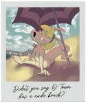  2019 anthro beach bedroom_eyes blonde_hair border breasts butt claudette_(rocko&#039;s_modern_life) english_text female full-length_portrait hair hand_on_breast hi_res macropod mammal marsupial narrowed_eyes nickelodeon nude parasol polaroid portrait public_nudity rear_view rocko&#039;s_modern_life sand seaside seductive sitting solo text toony tvma wallaby white_border 