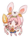  1girl amana_(pocketkey) animal_ears animal_hat bangs belt blue_shorts blush boots bow braid brown_belt brown_bow brown_eyes bunny_ears bunny_hair_ornament bunny_hat capelet chibi eyebrows_visible_through_hair fake_animal_ears full_body fur-trimmed_boots fur-trimmed_capelet fur_trim hair_ornament hat holding holding_sword holding_weapon long_hair looking_at_viewer mimi_(princess_connect!) mittens open_mouth orange_mittens outstretched_arm pink_capelet pink_footwear pink_hair pink_headwear princess_connect! princess_connect!_re:dive puffy_shorts shirt shorts simple_background solo standing sword twin_braids twintails very_long_hair weapon white_background white_shirt 