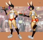  anthro balls_outline black_hair buckteeth bulge butt clothed clothing eldiman femboy_hooters food footwear genital_outline girly hair hi_res highlights_(coloring) holding_tray lagomorph leporid male mammal navel one_eye_closed open_mouth orange_clothing rabbit skimpy solo teeth tongue wink 
