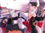  1girl absurdres armpits azur_lane bald_eagle bangs bare_shoulders belt bird bird_on_hand black_belt black_coat black_neckwear blurry blurry_background bow_(weapon) breasts buttons coat collared_shirt commentary cowboy_shot dutch_angle eagle enterprise_(azur_lane) eyebrows_visible_through_hair flight_deck hair_between_eyes hat highres holding holding_bow_(weapon) holding_weapon kxc7357 large_breasts long_hair long_sleeves looking_to_the_side military_hat necktie open_clothes open_coat parted_lips peaked_cap pleated_skirt purple_eyes rigging shirt sidelocks signature silver_hair skirt sleeveless sleeveless_shirt solo_focus standing underbust very_long_hair weapon white_background white_headwear 