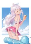  1girl anchor_hair_ornament ass bangs bikini blue_sky blunt_bangs breasts cloud commentary_request cup drinking_straw emia_wang frilled_bikini frills green_eyes hair_ornament hair_ribbon highres holding holding_cup kantai_collection long_hair maestrale_(kantai_collection) one_eye_closed one_side_up outdoors polka_dot polka_dot_bikini ribbon silver_hair sky small_breasts solo swimsuit tan tanline white_ribbon 
