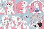  3:2 4_fingers anthro black_clothing blue_bottomwear blue_clothing blue_topwear bottomwear brush brushing brushing_fur clothed clothing eeveelution fingers fur fur_tuft hybrid legs_up lying meditation ninetales nintendo nude on_back open_mouth paper-wings pink_body pink_ears pink_fur pink_tail pok&eacute;mon pok&eacute;mon_(species) shush sylveon text topwear tuft video_games white_body white_fur white_inner_ear 