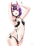  1girl armpits arms_up artist_request bangs bare_shoulders blush bob_cut breasts collarbone eyeliner fangs fate/grand_order fate_(series) headpiece highres horns looking_at_viewer makeup navel oni oni_horns open_mouth purple_eyes purple_hair revealing_clothes short_hair shuten_douji_(fate/grand_order) simple_background skin-covered_horns small_breasts smile white_background 