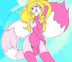  2019 absurd_res ailurid animal_genitalia anthro artamis_snowpaw balls belly big_tail blonde_hair blue_background fluffy fluffy_tail front_view fully_sheathed fur genitals girly hair hand_behind_head hi_res looking_at_viewer male mammal mrpandragon nude open_mouth pink_body pink_fur purple_eyes red_panda sheath simple_background solo standing 