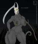  anthro big_breasts breasts dragon hospitallerinaboat long_tongue melee_weapon night nipple_piercing nipples nude outside piercing polearm scythe tongue tongue_out weapon wide_hips 
