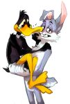  2020 anatid anseriform anthro avian bird bodily_fluids bugs_bunny daffy_duck duck duo grumpmuzzle hi_res lagomorph leporid looking_at_viewer looney_tunes male mammal rabbit simple_background tears warner_brothers white_background 