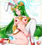 1girl absurdres animal_ears blush breasts bunny_ears circlet covered_nipples easter_egg egg fake_animal_ears green_eyes green_hair happy_easter high_heels highres kid_icarus large_breasts long_hair looking_at_viewer meme_attire palutena pasties red_footwear reverse_bunnysuit reverse_outfit sarukaiwolf sitting smile solo super_smash_bros. thighhighs 