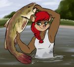  absurd_res anthro braided_ponytail brown_body brown_fur catfish celestialoddity clothing domestic_ferret female fish fishing_fish fur green_eyes hair hi_res holding_fish looking_at_viewer mammal marine mustela mustelid musteline outside overcast red_hair river sky smile smirk solo splash wet wet_clothing 