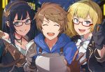  1boy 2girls black_hair blonde_hair blue_eyes bow breasts brown_hair cleavage ear_piercing fang friday_(granblue_fantasy) glasses gloves gran_(granblue_fantasy) granblue_fantasy grin hairband hinami_(hinatamizu) illnott multiple_girls piercing smile 