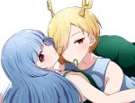  2girls :o absurdres antlers bangs bare_shoulders blonde_hair blue_hair eyebrows_visible_through_hair eyes_visible_through_hair flower girl_on_top green_ribbon hair_flower hair_ornament haniyasushin_keiki highres kicchou_yachie long_hair lying mouth_hold multiple_girls on_back on_stomach parted_lips purple_eyes red_eyes ribbon short_hair simple_background sleeveless touhou turtle_shell white_background yukome yuri 