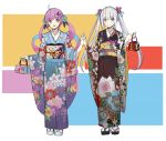  2girls absurdres ahoge alternate_costume anchor_hair_ornament aqua_hair bag bangs blue_eyes closed_mouth commentary_request eyebrows_visible_through_hair flower full_body furisode hair_flower hair_ornament handbag highres hololive japanese_clothes kagura_mea kagura_mea_channel kimono long_sleeves looking_at_viewer minato_aqua multicolored multicolored_eyes multicolored_hair multiple_girls obi obiage obijime open_mouth purple_eyes purple_hair sash sidelocks silver_hair sketch smile standing streaked_hair tabi twintails virtual_youtuber weiyinji_xsk wide_sleeves yellow_eyes zouri 